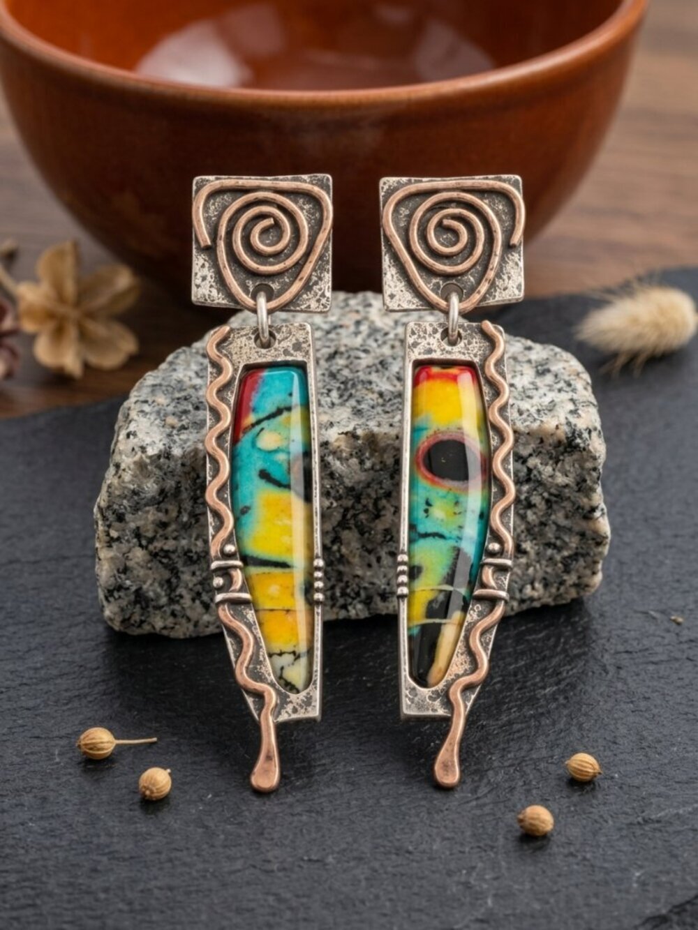 Southwestern Boho Statement Drop Earrings Copper Silver Tone Resin Art 2.2"L